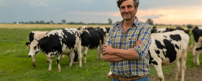 Éleveur et ses vaches nourries à l'agriculture Bio